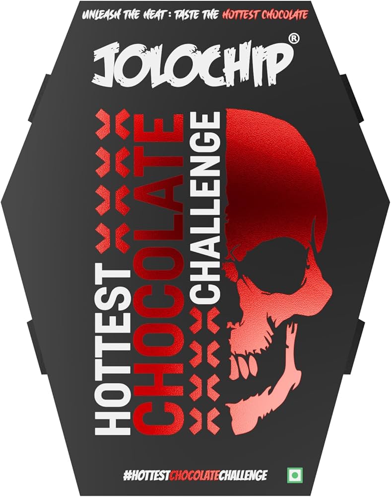 Front of Jolochip Hottest Chocolate Challenge package featuring bold red and black design, skull graphic, and challenge title (5g pack)