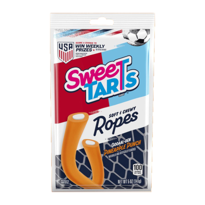 Front of a Sweetarts Ropes bag featuring the logo, Gooaal-Den Pineapple Punch flavour, and soft chewy ropes (255g pack)