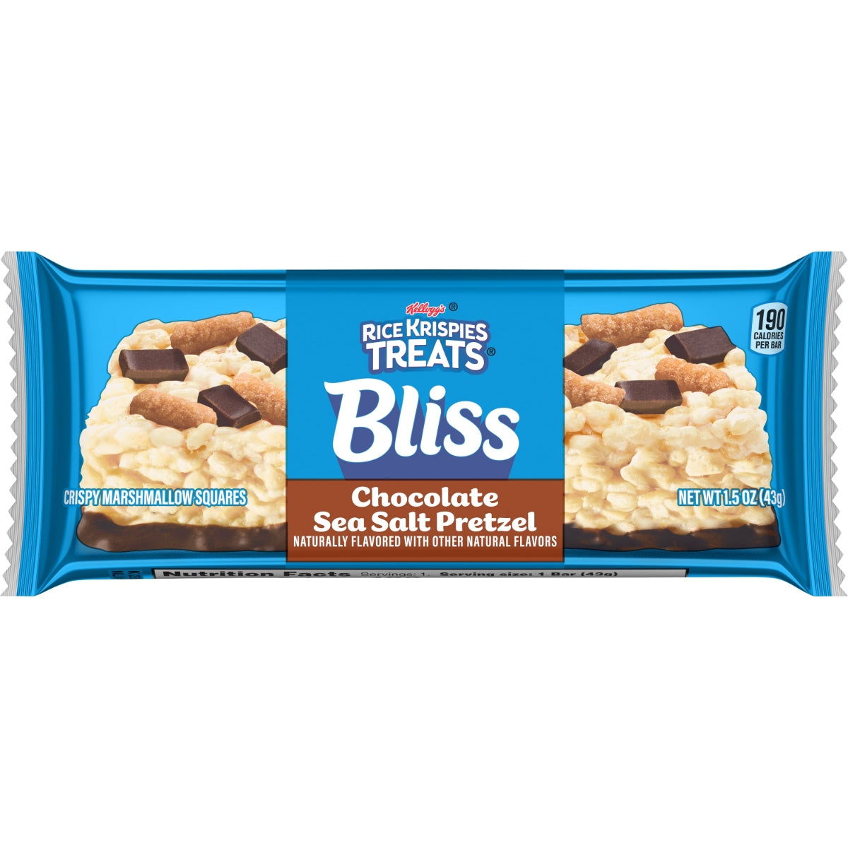 Front of a Rice Krispies Treats Choc Sea Salt Pretzel package showing the logo, chocolate and pretzel pieces, and 43g size.