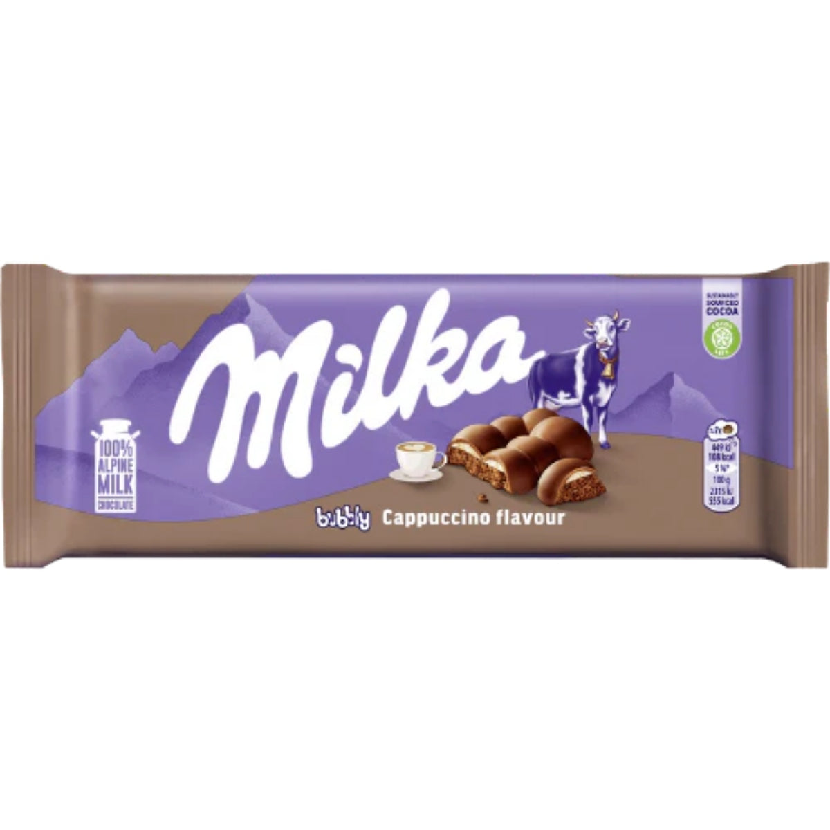 Front of Milka Bubbly Cappuccino packaging showing the brand logo, cappuccino flavour, and image of bubbly chocolate pieces (97g)