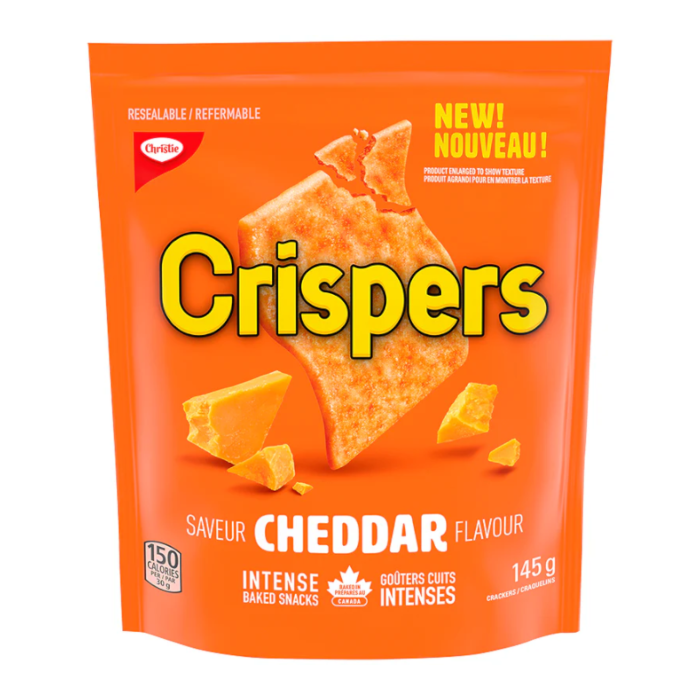 Front of Crispy Cheddar Crackers bag showing bright orange packaging with bold yellow text, cheddar flavour label, and pack size of 145g