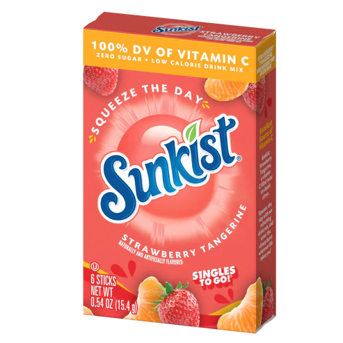 Front of Sunkist Strawberry Tangerine Singles To Go box showing brand logo, strawberry and tangerine imagery, and 6 sticks (15.4g) pack.