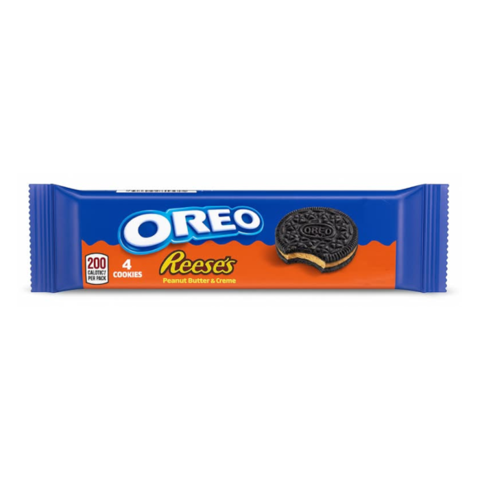 Front of Oreo Reese's Peanut Butter Cookies 4 Pack (58g) showing logo, cookie image, and packaging details