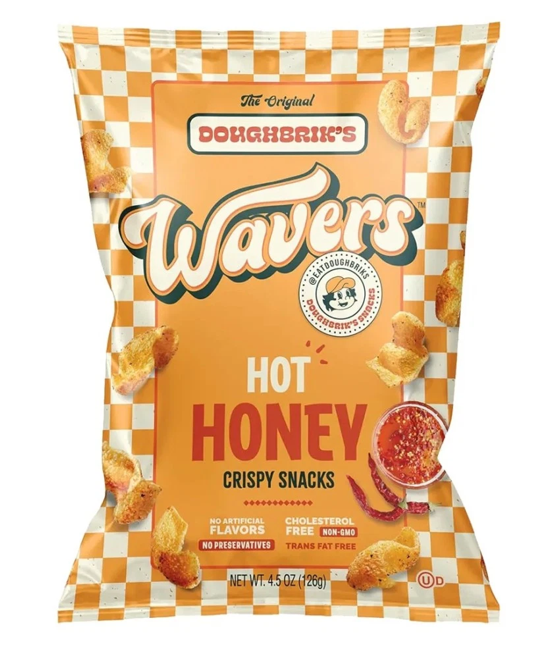 Front of Doughbrik’s Wavers Hot Honey Crispy Snacks bag showing logo and vibrant packaging design (126g)