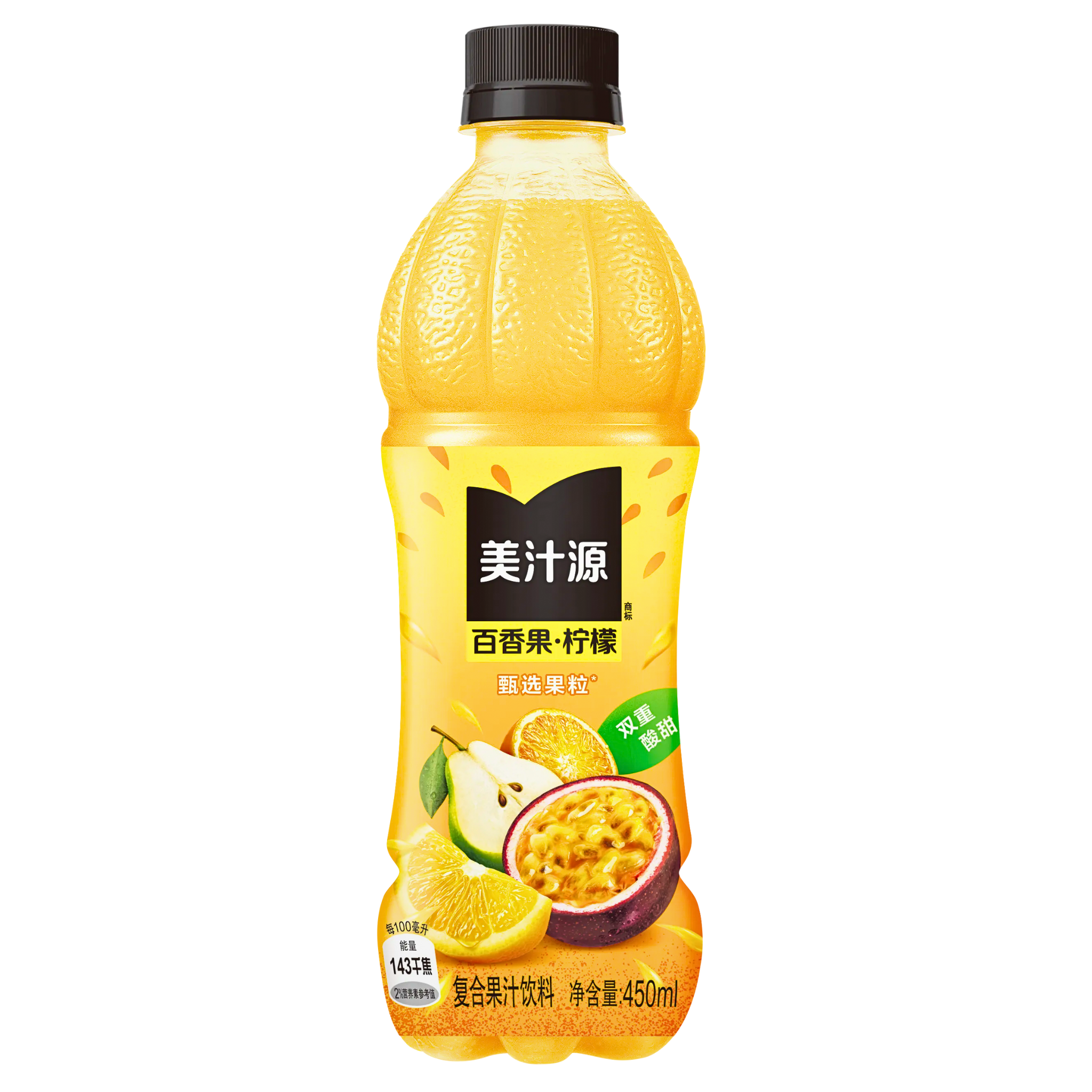 Front of Minute Maid Passion Fruit Lemon Flavour China bottle showing vibrant yellow design, passion fruit and lemon imagery, and 450ml label.