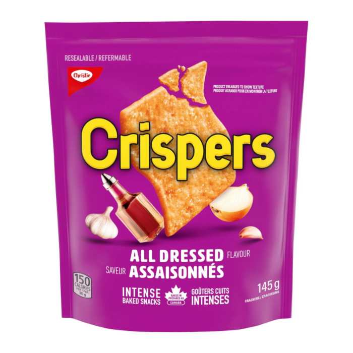 Front of Crispy All Dressed Crackers bag showcasing the purple packaging, brand logo, and 145g size.