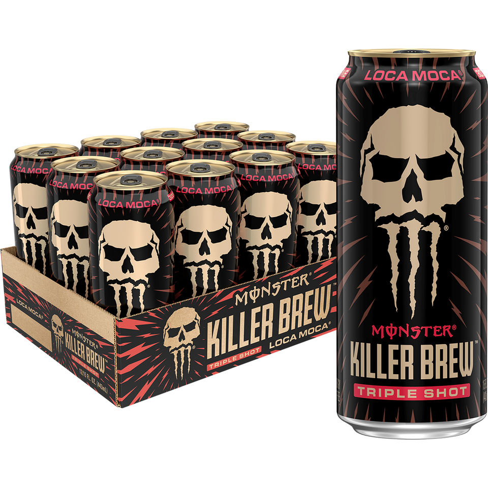 front view of Monster Killer Brew Triple Shot Loca Moca Case of 12 (12 x 443ml) product packaging