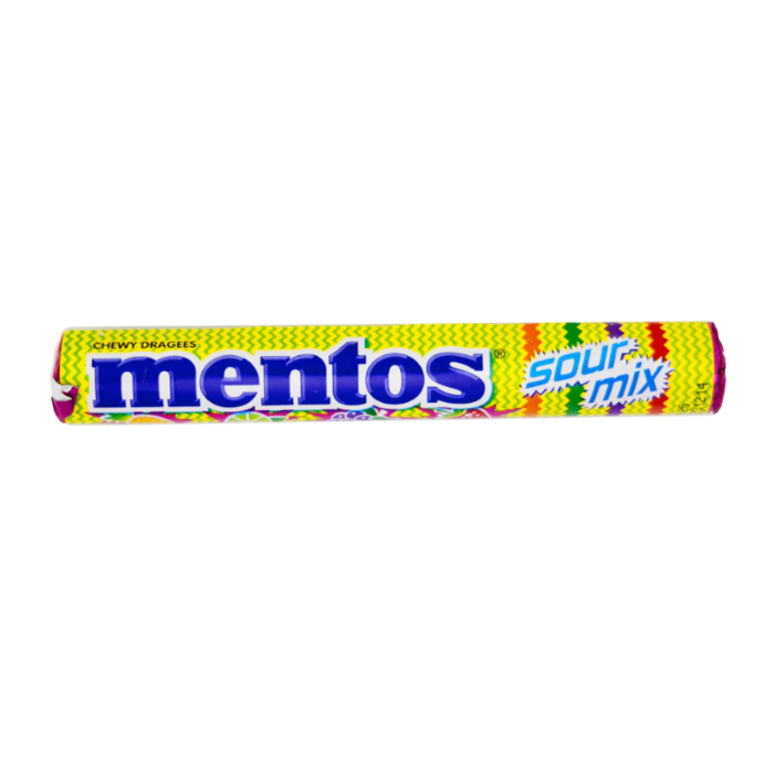 Front of Mentos Sour Mix roll showing bright yellow packaging, Mentos logo, and colourful candy design (37g pack)