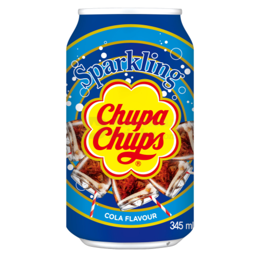 Front of Chupa Chups Cola can featuring bright yellow logo, sparkling cola flavour, and 345ml volume label