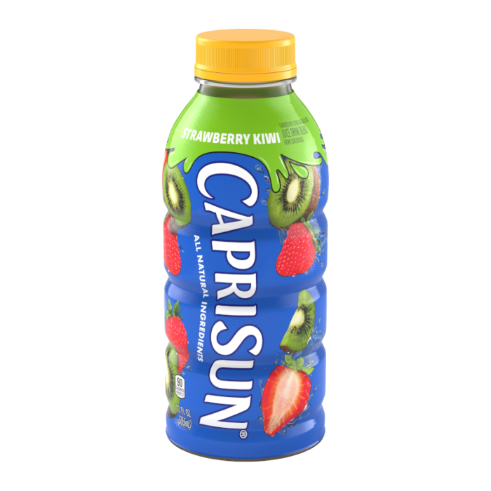 Front of Capri Sun Strawberry Kiwi bottle featuring vibrant blue packaging, strawberries and kiwi illustrations, and 355ml capacity.