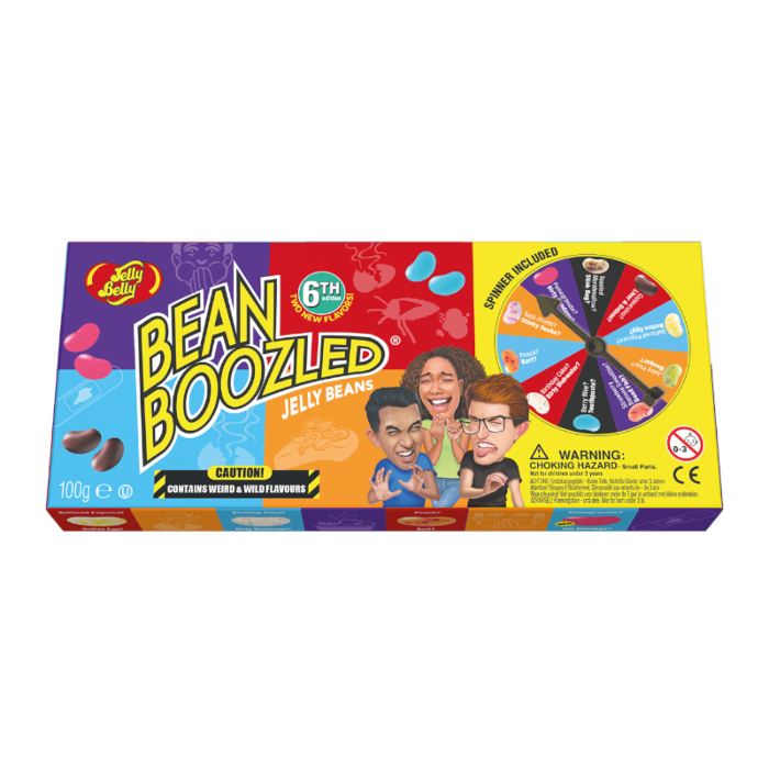 Front of Jelly Belly Bean Boozled Spinner Gift Box showing colourful logo, fun characters, and spinner included (100g pack)
