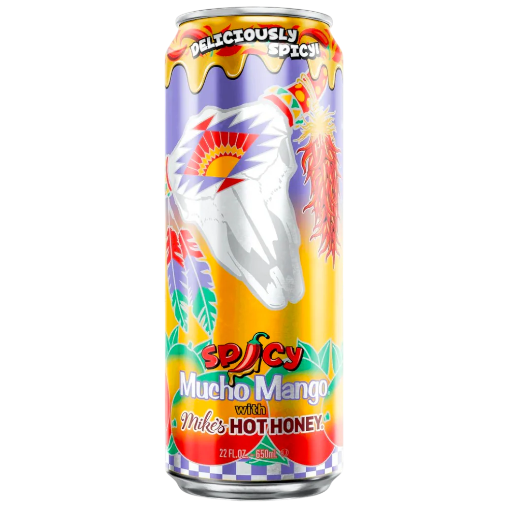 Front of Arizona x Mike's Hot Honey Mucho Mango can showing bold artwork, spicy mango flavour label, and pack size (650ml)