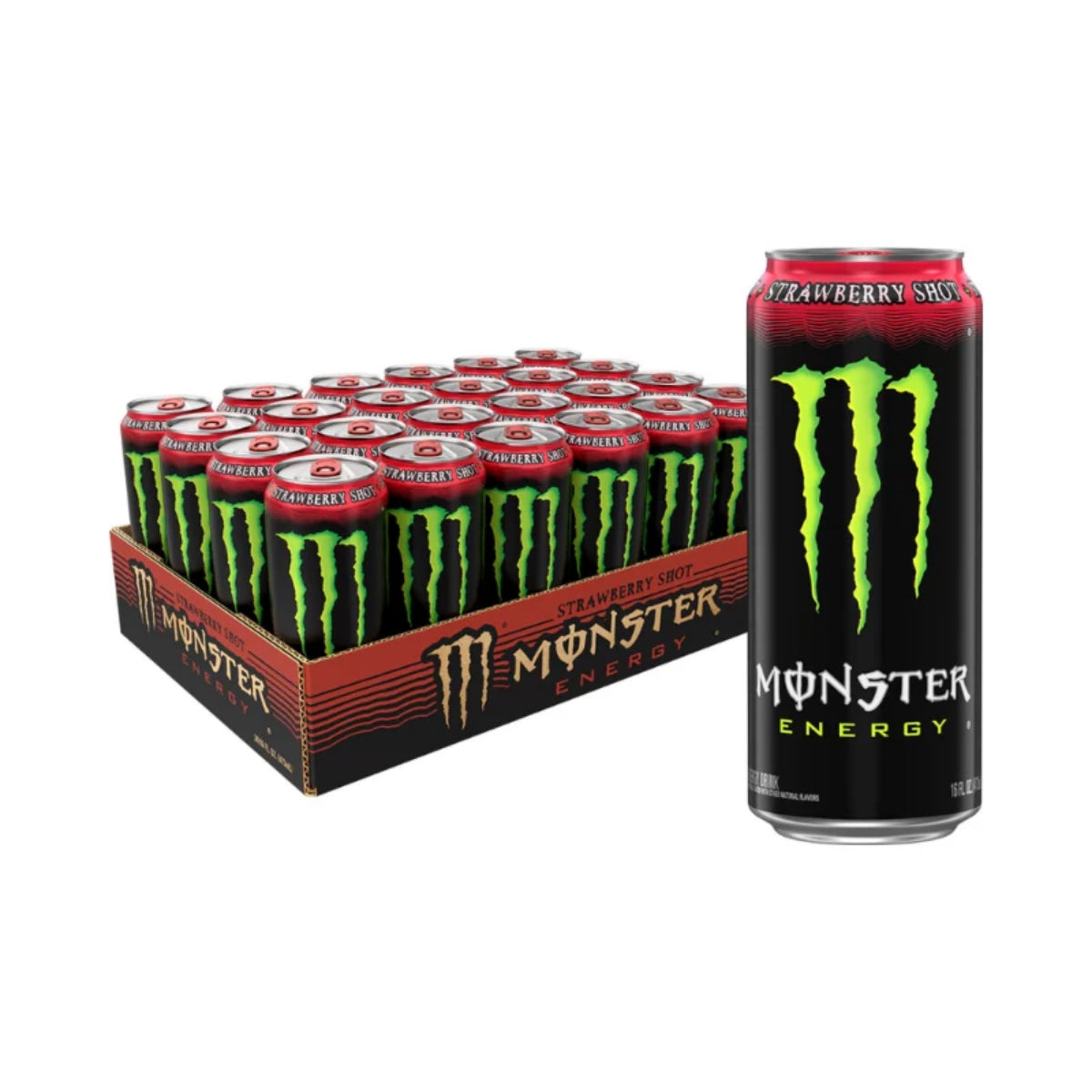 Front of Monster Energy Original Strawberry Shot case showing logo, strawberry flavour, and cans in a case of 24 (12 x 473ml)