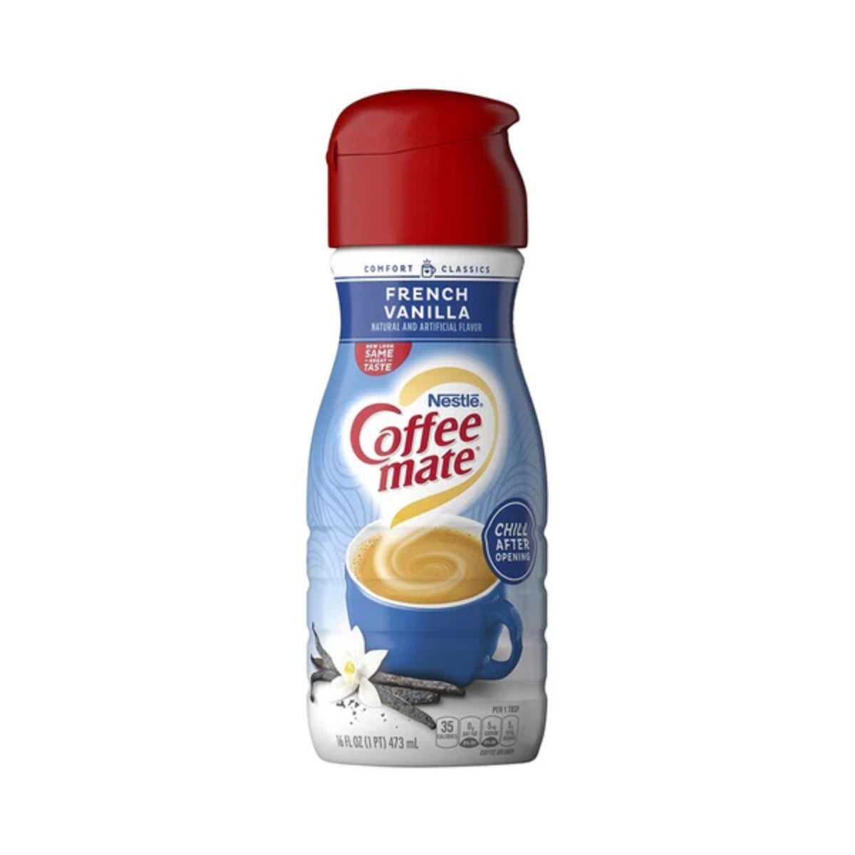 Front of Nestle Coffee Mate French Vanilla Liquid bottle showing the brand logo, French vanilla flavour, and 473ml size