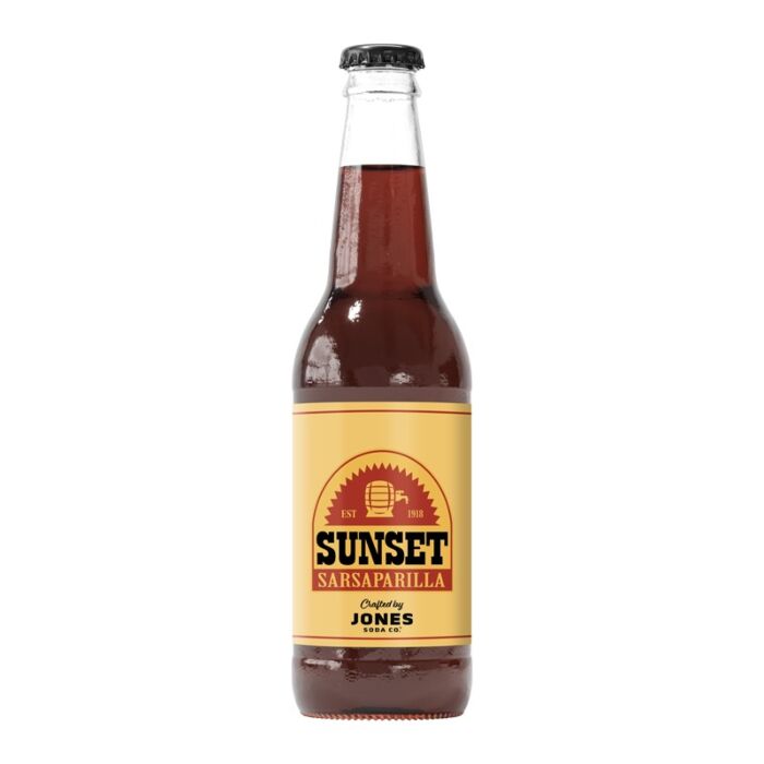 Front of Jones Soda Fallout Sunset Sarsparilla bottle featuring logo, sunset graphics, and sarsaparilla label (355ml)