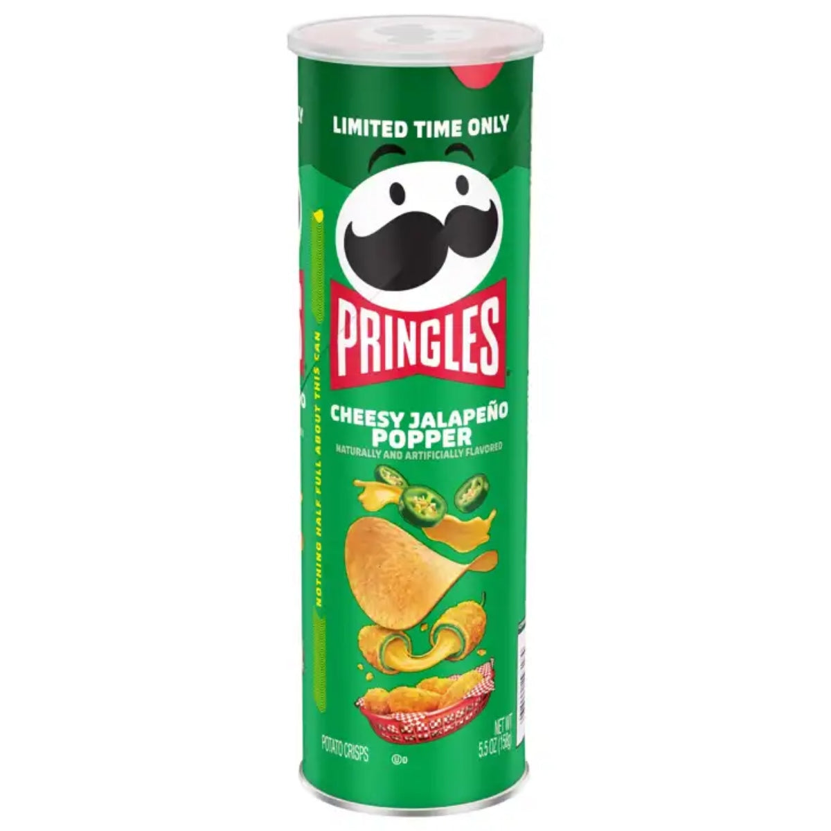 Front of Pringles Cheesy Jalapeno Popper can showing bold logo, vibrant green design, and crispy chips with jalapeno slices (156g pack)