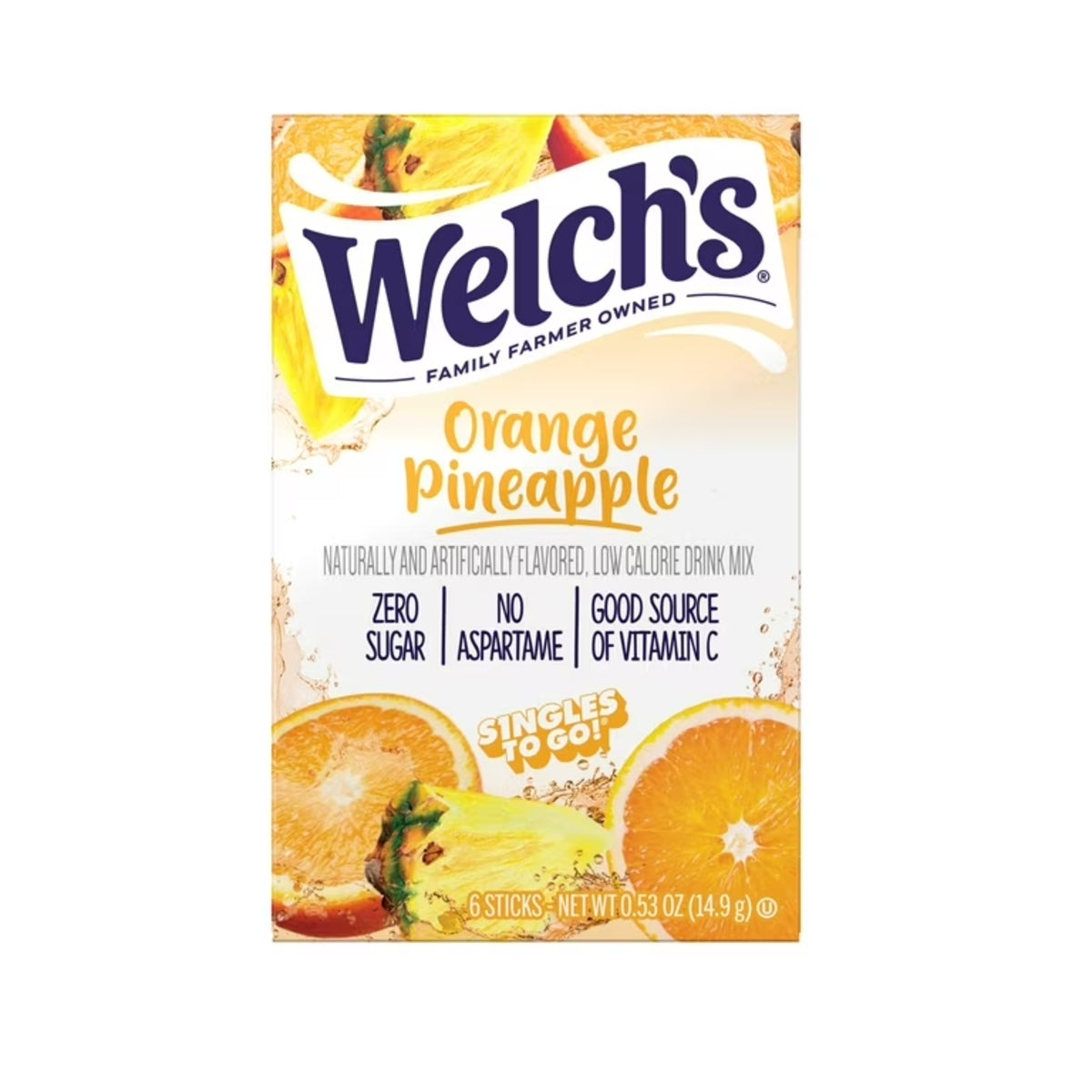 Front of Welch's Orange Pineapple Singles to Go pack displaying logo, orange pineapple flavour, and details on the 14.9g (6 sticks) quantity.