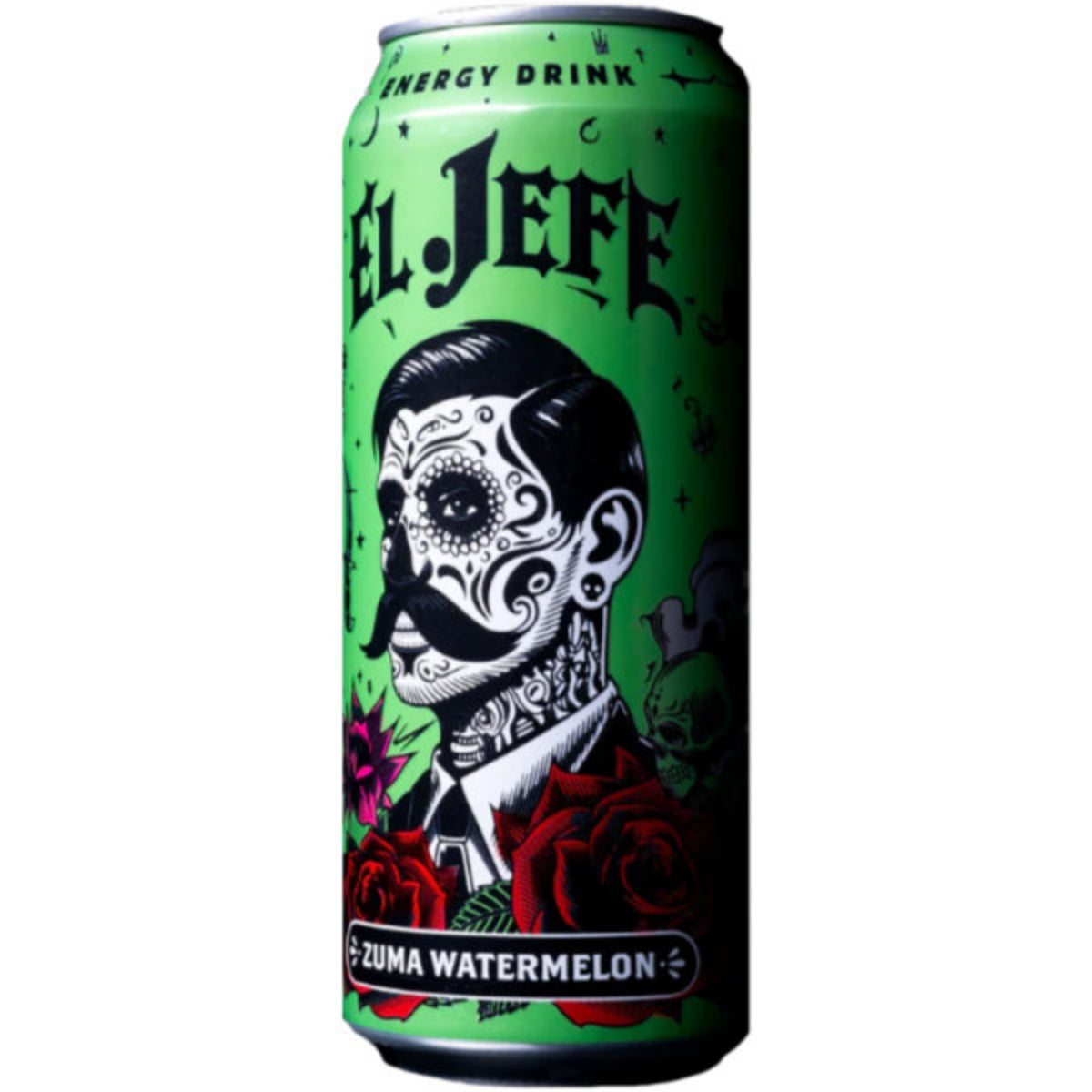 Front of El Jefe Energy Drink Zuma Watermelon can featuring vibrant green design, logo, and watermelon flavour label (473ml)