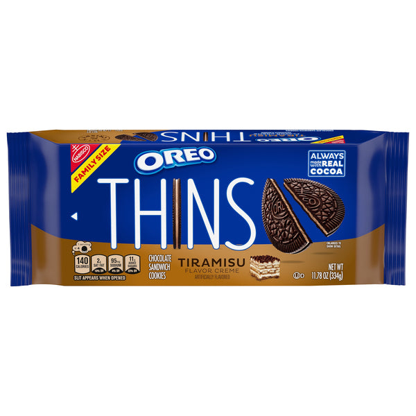   
Front label of Oreo Thins with Tiramisu flavour, 334g  

