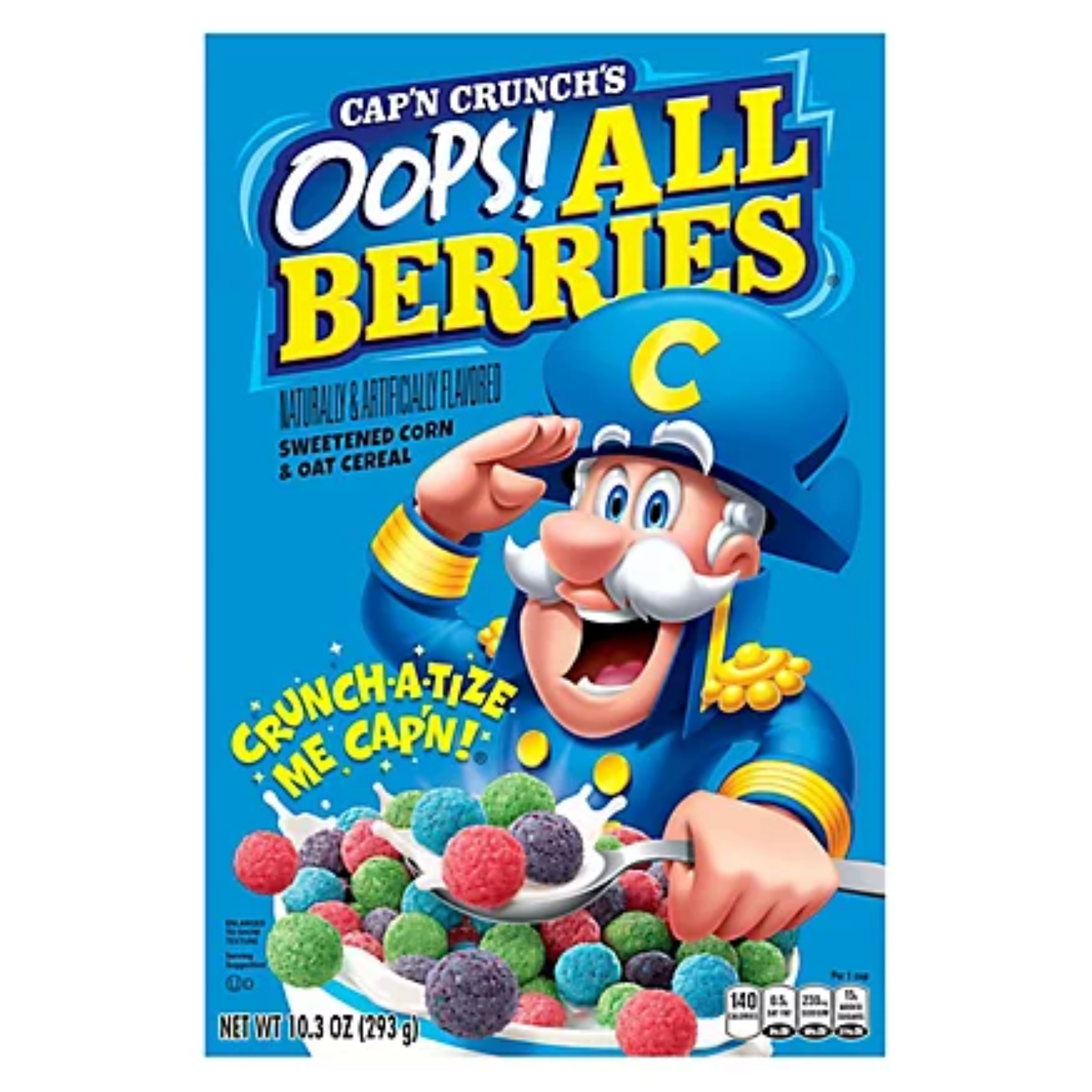 Front of Captain Crunch Oops! All Berries Cereal box showing vibrant blue packaging, logo, and colourful cereal pieces (293g pack)