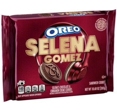 Front of Oreo Selena Gomez Cinnamon Creme pack showing logo, cookies, and the 303g weight.