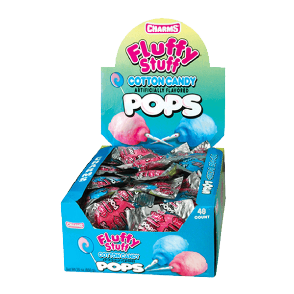   
Front label of Charms Fluffy Stuff Cotton Candy Pops  

