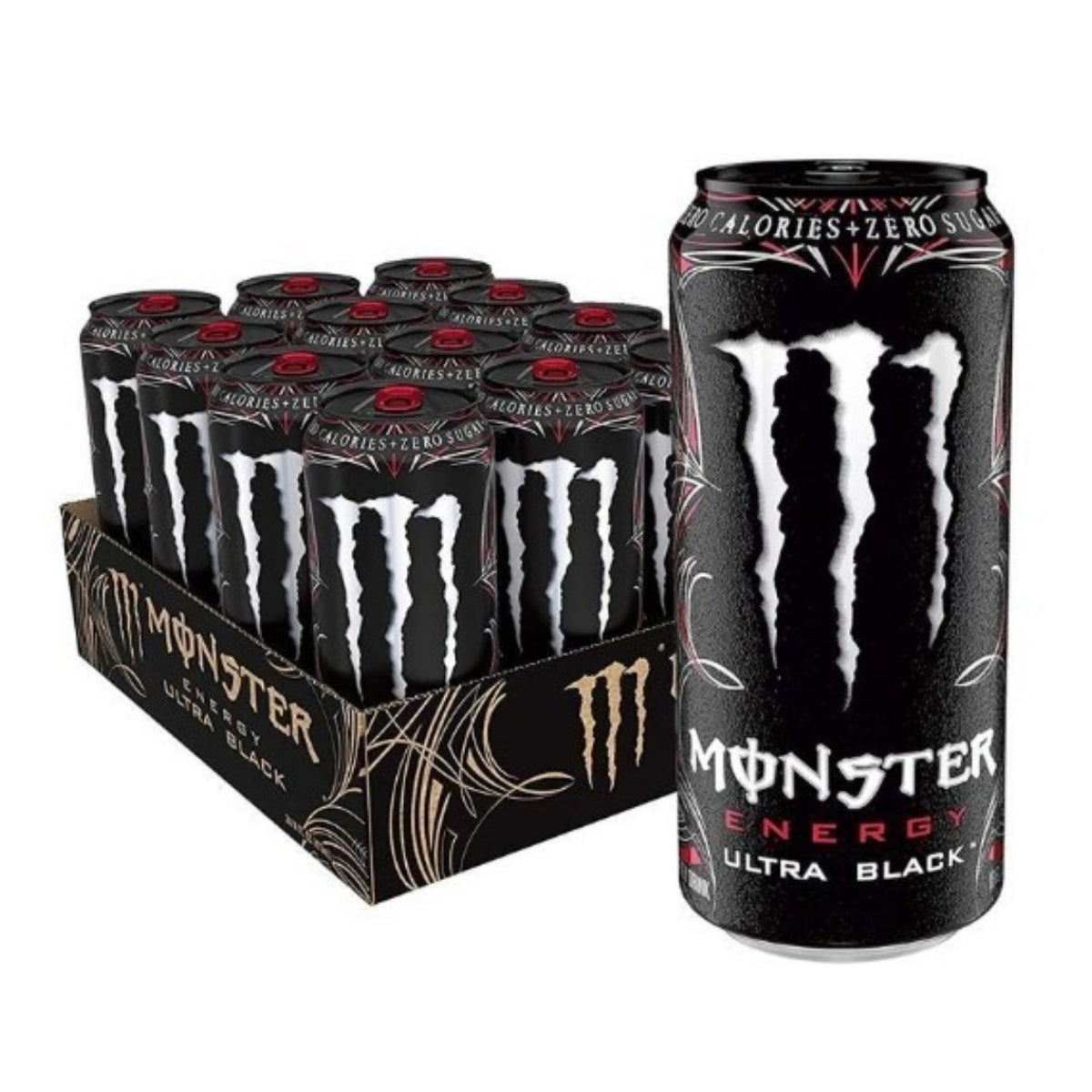Front of a Monster Ultra Black case showing logo and 12 cans of energy drink (500ml each)