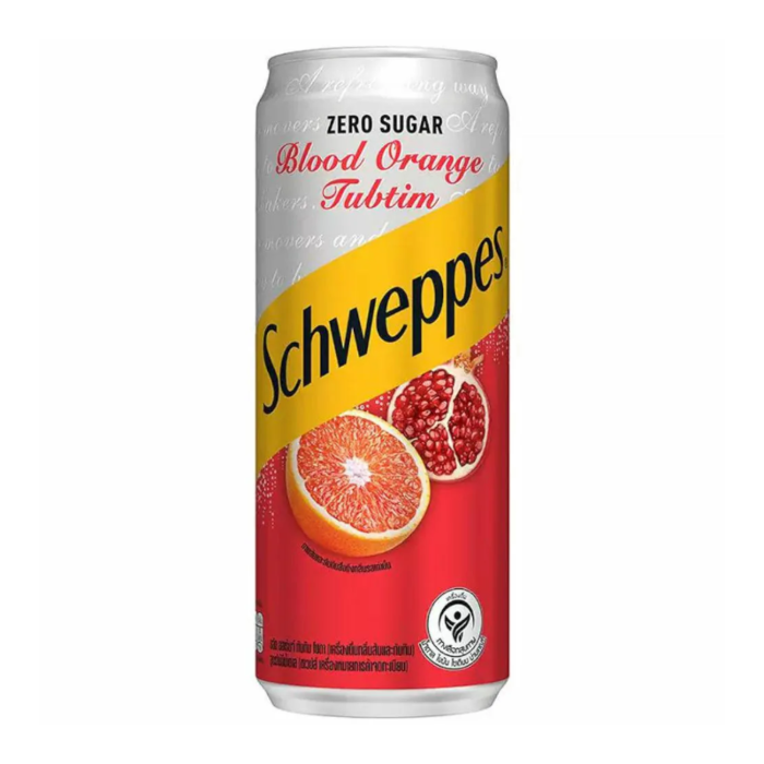 Front of Schweppes Blood Orange Pomegranate Soda Zero Sugar can showing bold yellow Schweppes logo, blood orange and pomegranate imagery, and 330ml pack size.