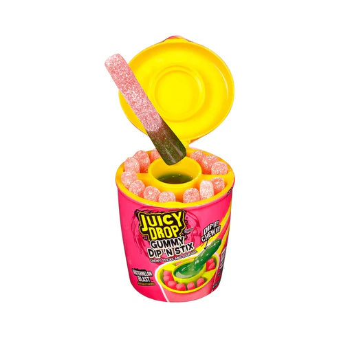 Front of Topps Juicy Drop Gummy Dip 'N Stick Watermelon Blast (96g) packaging showing bright label with gummies and dipping stick.