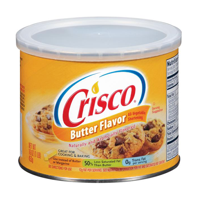 Front of Crisco All Vegetable Butter Flavour Shortening container displaying logo, butter flavour label, and usage suggestions (453g pack)