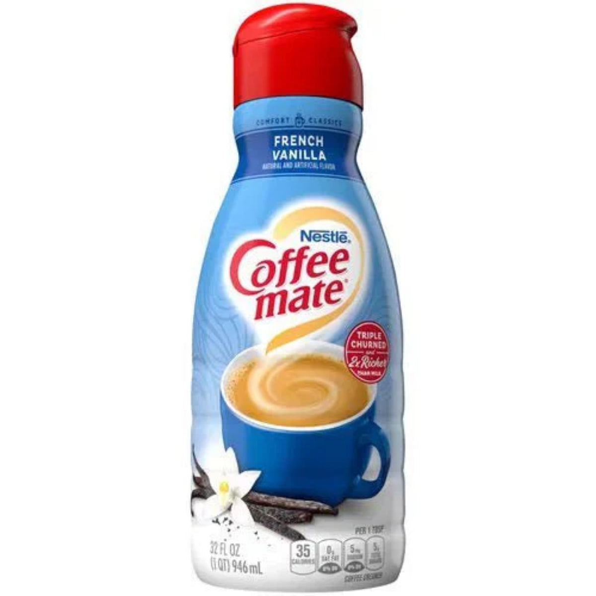 Front of a Coffee Mate French Vanilla bottle showing the logo, creamy coffee in a blue cup, and pack size of 946ml