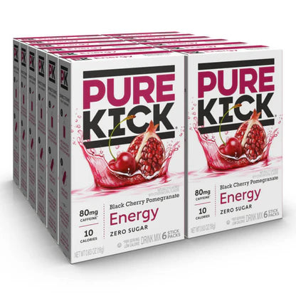 Front of Pure Kick Energy Black Cherry Pomegranate Singles to Go box showing logo, black cherry and pomegranate design, and 12 pack with 80mg caffeine and zero sugar.
