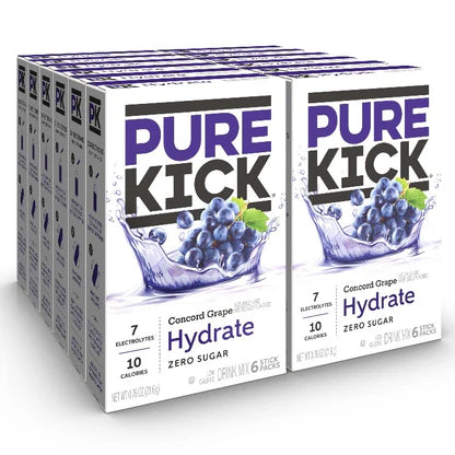Front of Pure Kick Energy Concord Grape Singles to Go box showing bold logo, grape flavour details, and 12 pack design (260.4g)
