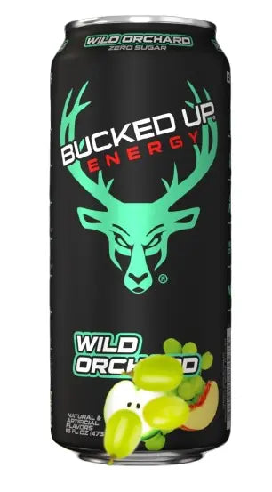 Front of Bucked Up Energy Wild Orchard can showing logo, vibrant green deer emblem, and wild orchard flavour details (473ml)