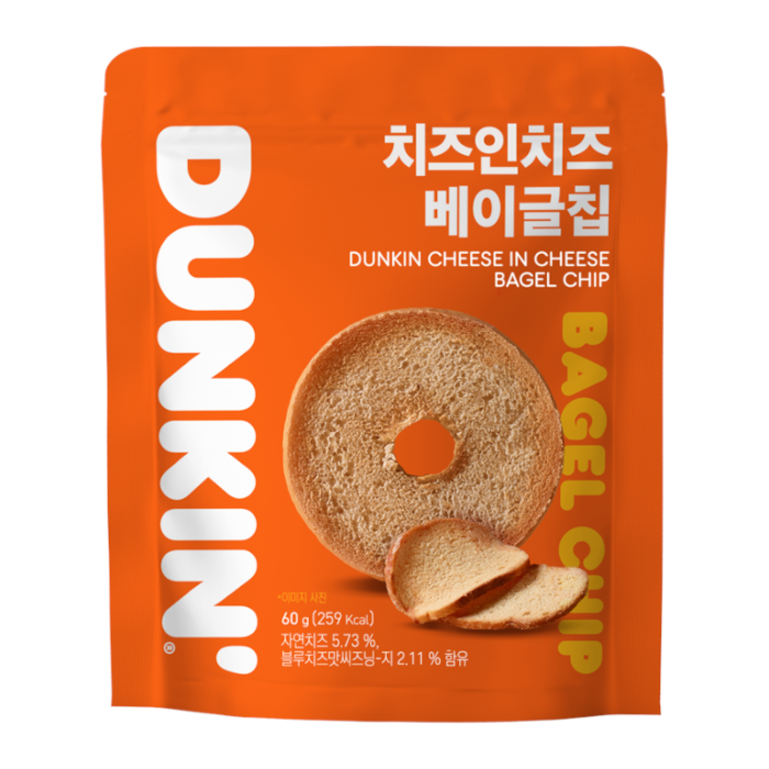 Front of Dunkin' Cheese in Cheese Bagel Chips 60g bag showing bold orange packaging with the product name and image of bagel chips.