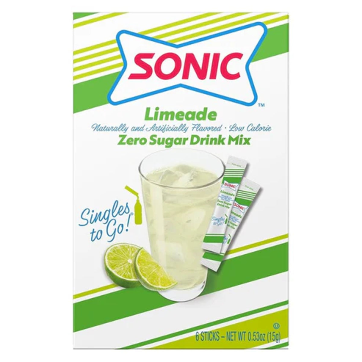 Front of Sonic Limeade Singles to Go box showing logo and limeade drink mix details (15g pack)