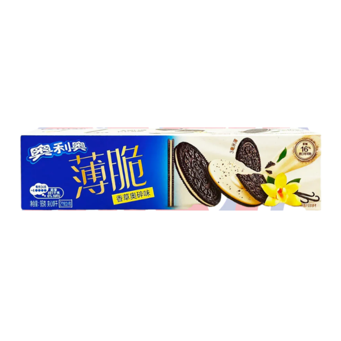 Front of Oreo Thins Crisp Vanilla Crushed (China) pack showing logo, vanilla flavour, and cookies (95g pack)