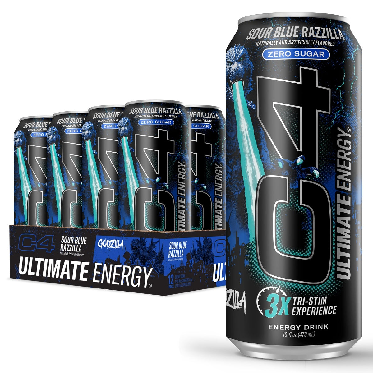 Front of C4 Zero Sugar Sour Blue Razzilla Energy Drink 12 pack showing vibrant blue can designs and logo, featuring sour blue razz flavour and 473ml size