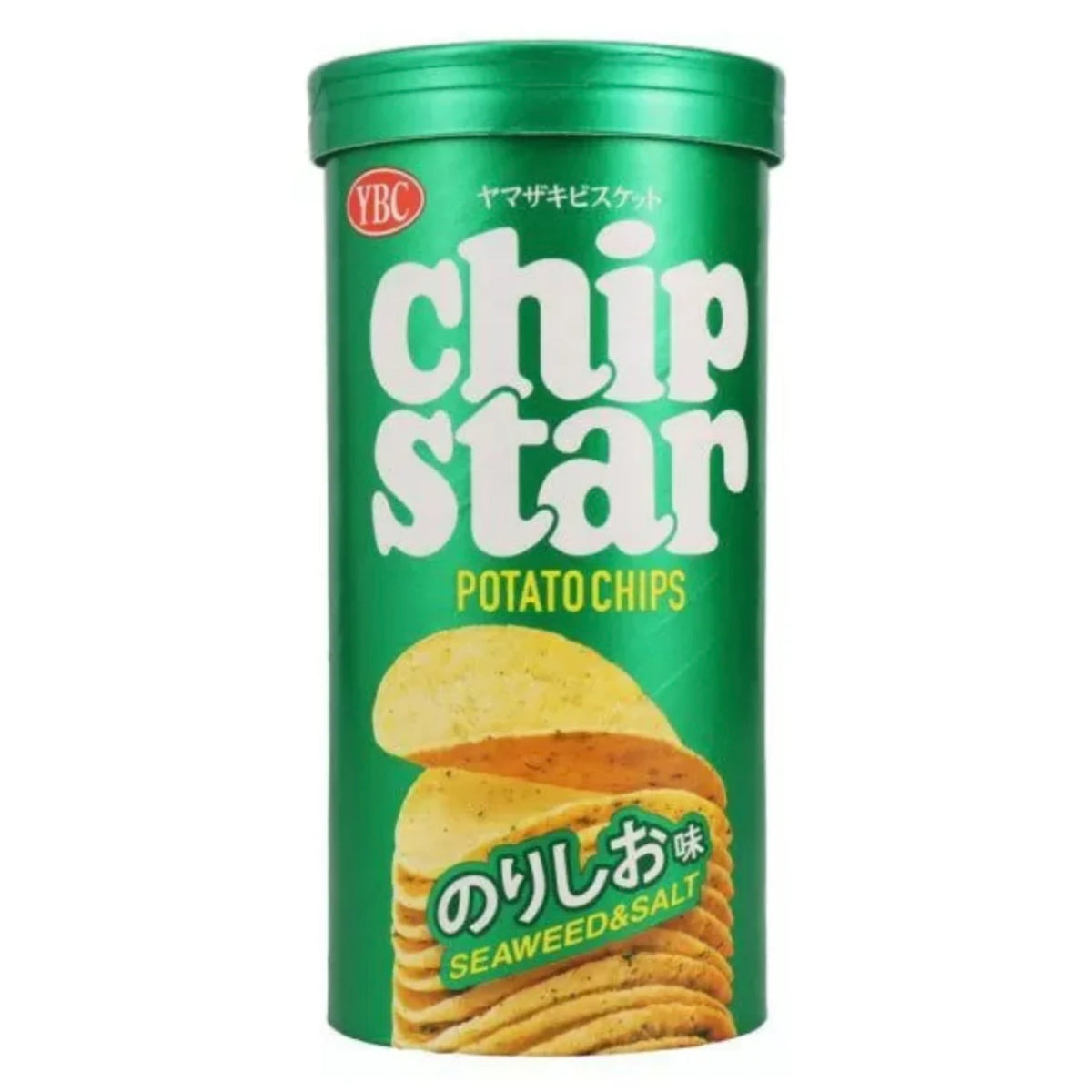 Front of YBC Chip Star Potato Chips Seaweed & Salt tube showing green logo and image of crisps (45g pack)