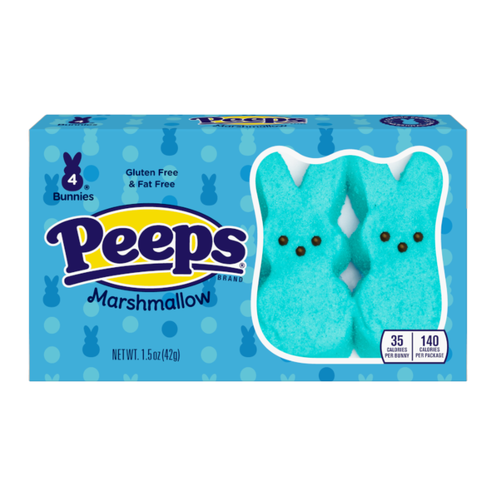 Front of Peeps Blue Marshmallow Bunnies box showing blue marshmallow bunnies, brand logo, and pack size (43g)