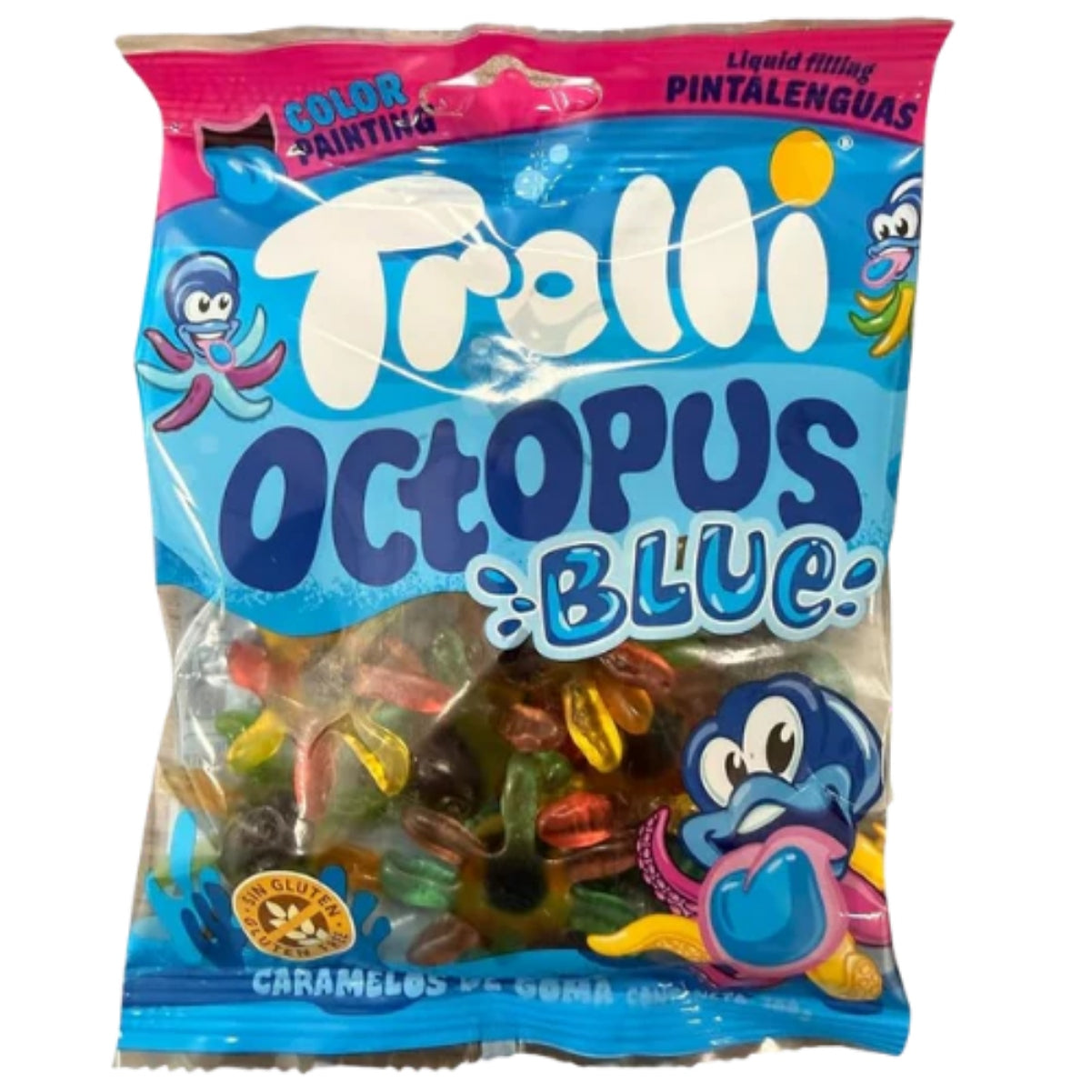Front of Trolli Octopus Blue bag featuring vibrant octopus graphic and assorted gummy candies (100g pack)