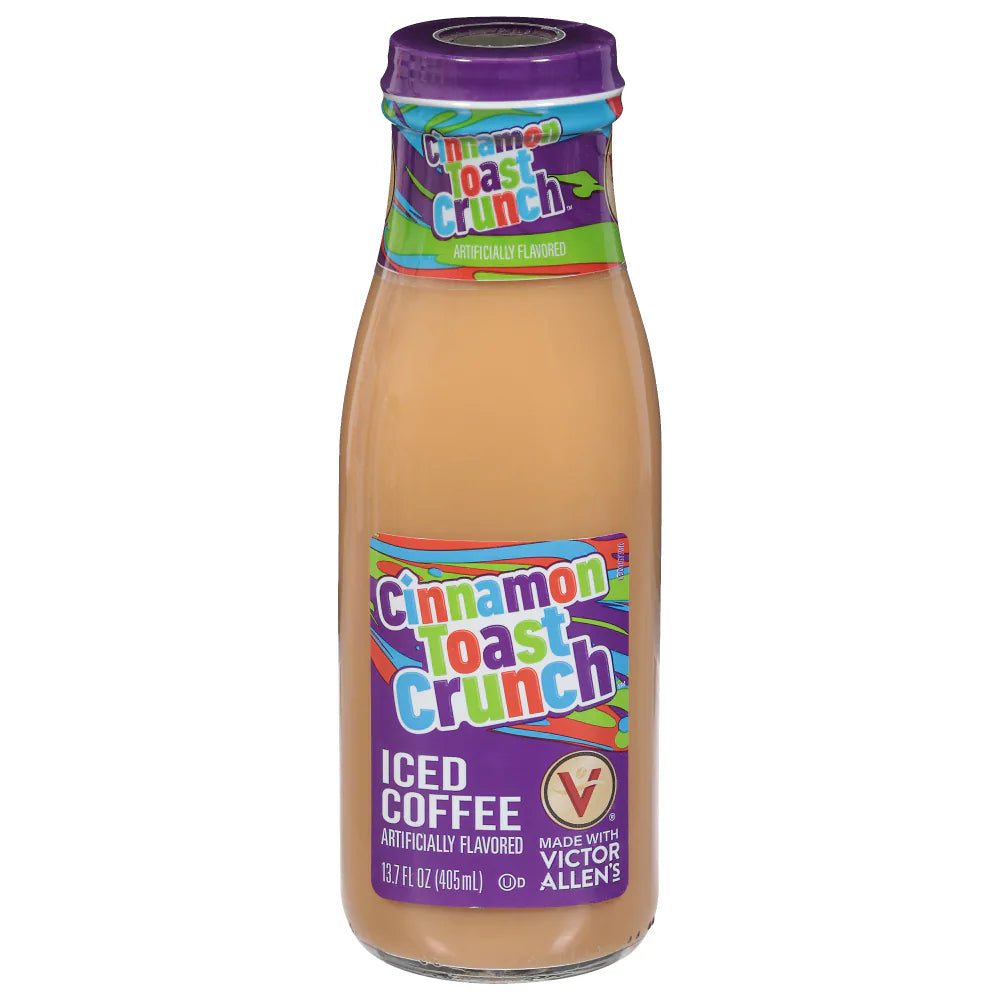 Front of a bottle of Cinnamon Toast Crunch Iced Coffee showing colourful logo and 405ml pack size