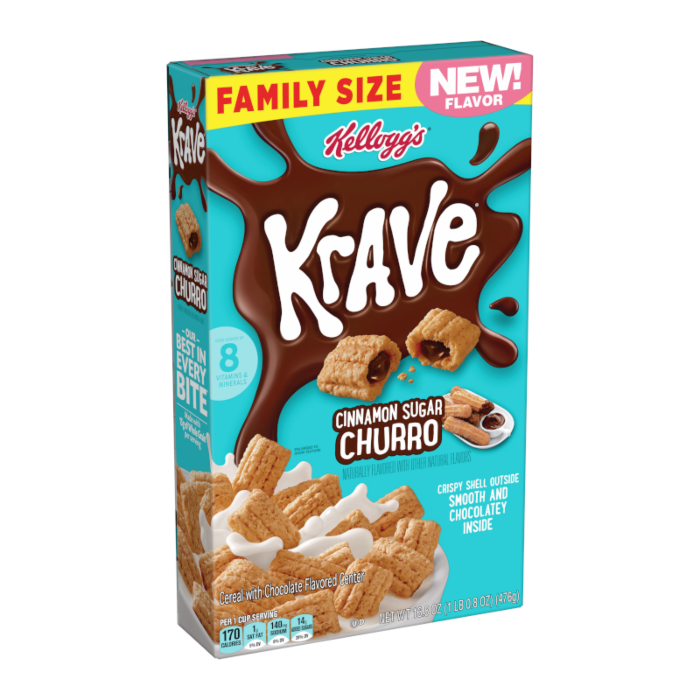 Front of Kellogg's Krave Cinnamon Sugar Churro box showing logo, cinnamon sugar flavour, and cereal pieces (476g pack)