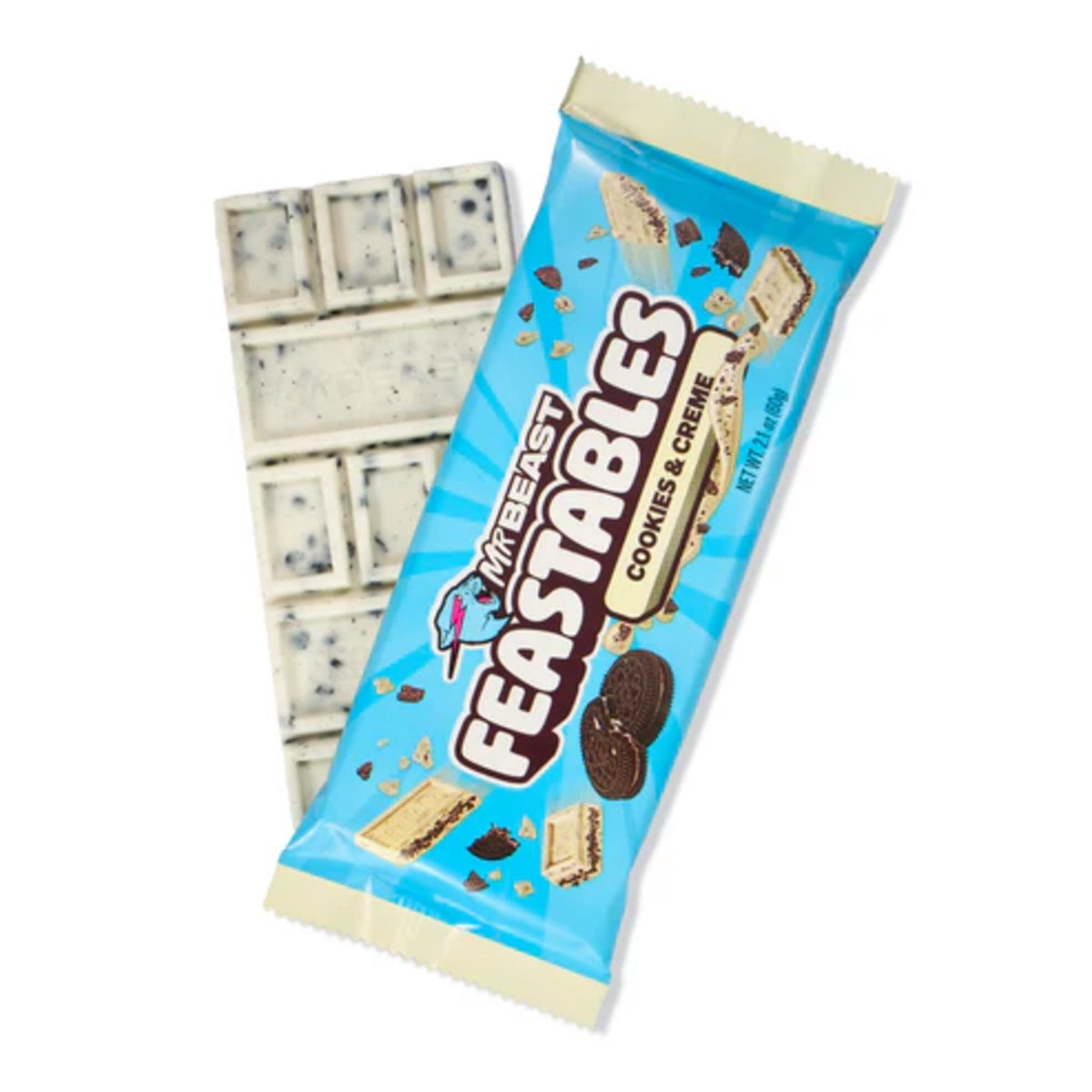 Front of Mr Beast Feastables Cookies & Creme bar showing a blue wrapper with logo and images of cookies (60g)