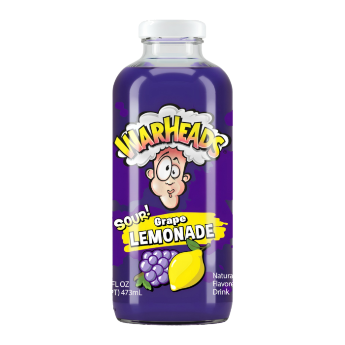 Front of Warheads Sour Grape Lemonade bottle with logo, sour grape and lemonade flavour labels, and 473ml pack size