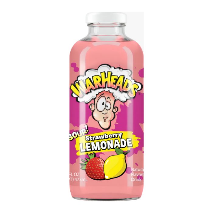 Front of Warheads Sour Strawberry Lemonade bottle featuring bold logo, playful character, and strawberry and lemon imagery (473ml)