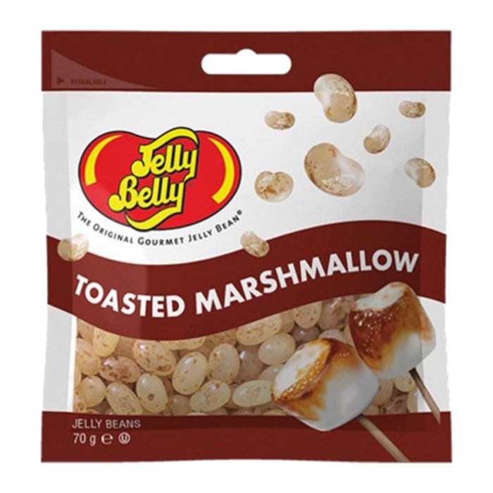 Front of Jelly Belly Toasted Marshmallow Jelly Beans bag showing the logo, toasted marshmallow flavour, and pack size of 70g.