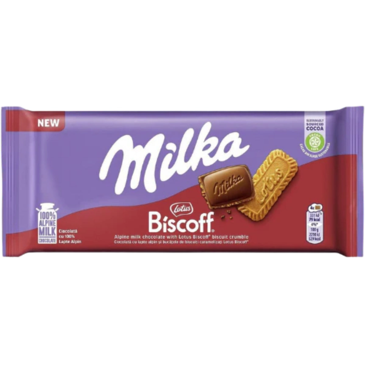 Front of Milka Biscoff chocolate bar packaging featuring Alpine milk chocolate with Lotus Biscoff crumble (90g pack)