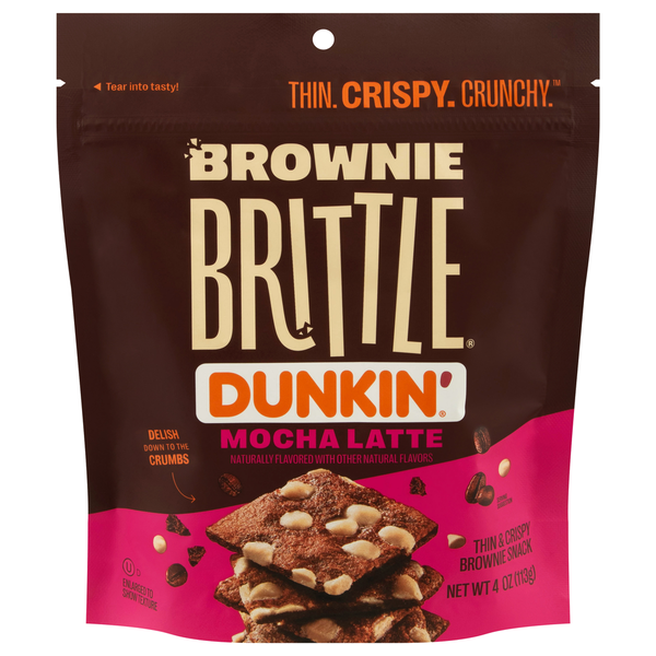 Front of Sheila G's Dunkin Brownie Brittle Mocha Latte bag featuring the logo, mocha flavour label, and images of brownie pieces (64g pack)