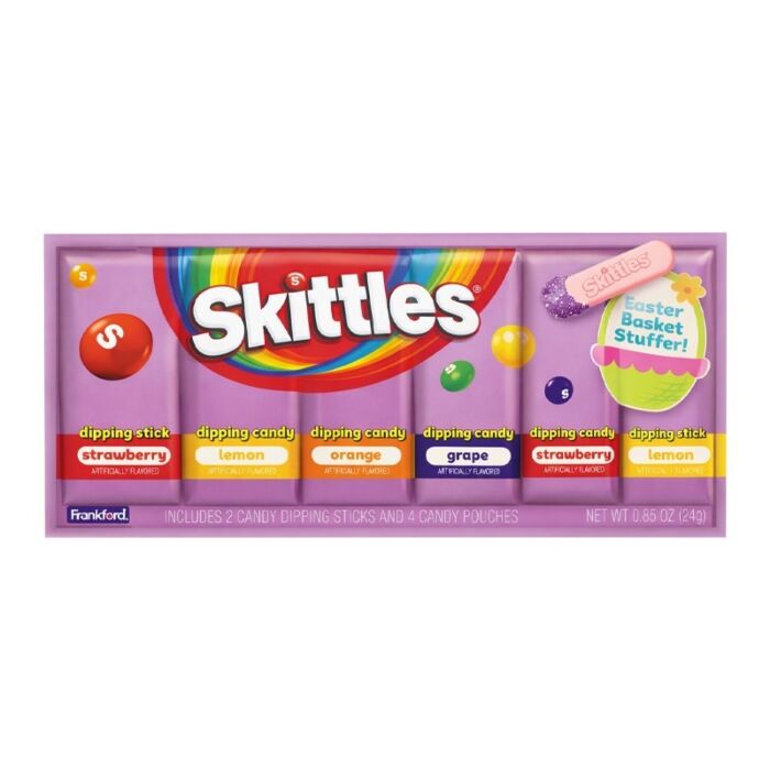 Front of Skittles Easter Dig & Dips Strip box showing colourful logo, dipping sticks, and candy pouches (24g)
